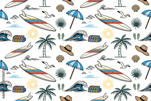 Summer Surfing Beach Seamless Pattern on Transparent Background