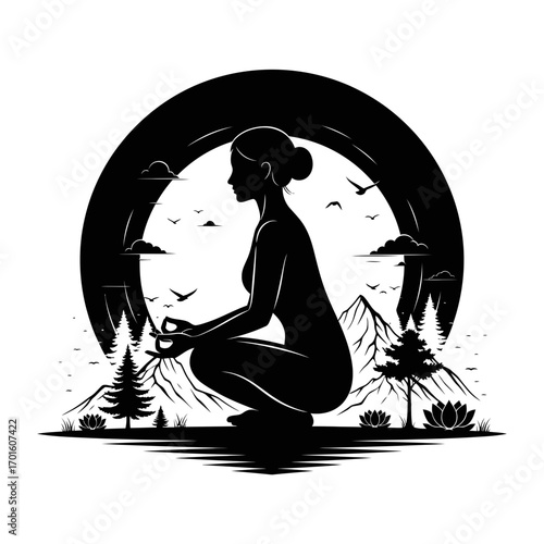Elegant woman meditating in nature embracing wellness and finding inner peace in a stunning mountain landscape