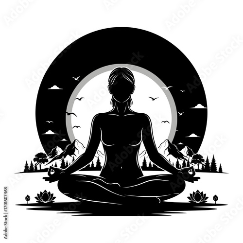 Find inner peace with this silhouette of a woman meditating in nature, a serene lotus position against a mountain backdrop