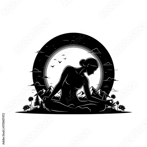 Serene silhouette of woman meditating in nature with mountains, moon, and lotus flowers for wellness design
