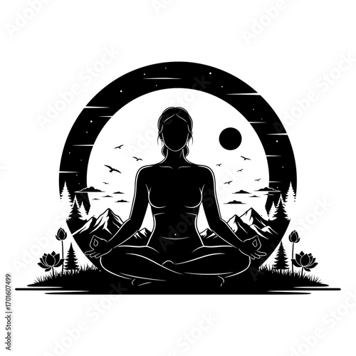 Find inner peace meditating in nature under the moonlight, yoga and wellness lifestyle for balance and mindfulness