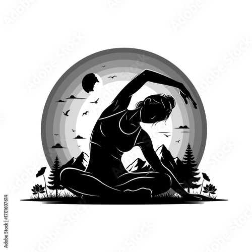 Zen woman stretching practicing yoga pose in nature mountains landscape meditation wellness silhouette illustration