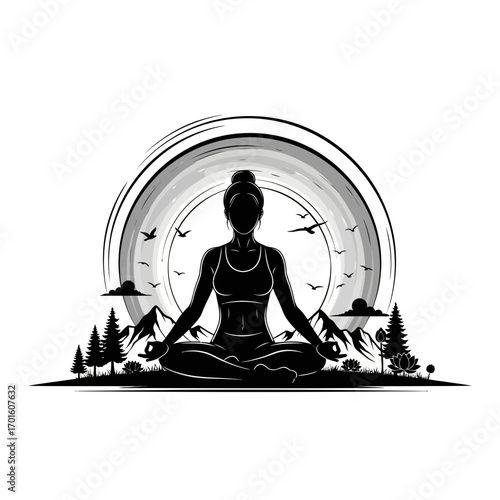 Serene silhouette of woman meditating in nature, finding peace and wellness in a peaceful outdoor mountain setting
