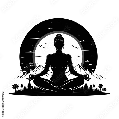 Elegant silhouette of woman meditating in lotus position with mountains under the moon, perfect for wellness branding
