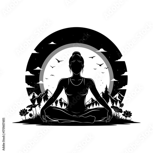 Find inner peace with this woman meditating against a stunning mountain landscape, lotus blossoms, and soothing birds