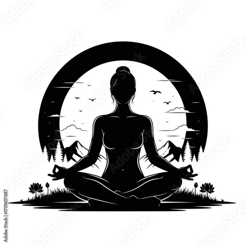 Find inner peace with this stunning yoga silhouette against a serene nature backdrop for wellness promotions