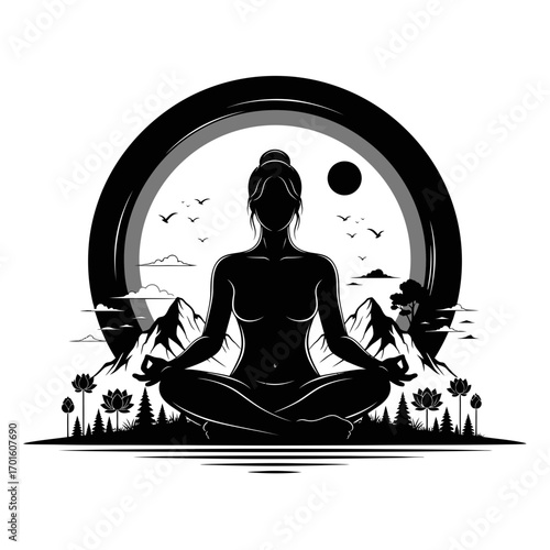 Empowered woman meditating in serene mountain landscape for wellness and mindfulness lifestyle projects