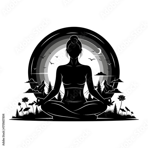 Find inner peace with this stunning yoga silhouette meditating in nature under the moonlight for a tranquil escape