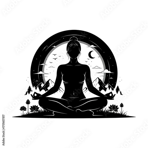 Meditative silhouette of woman practicing yoga pose against a moonlit mountain landscape for wellness and mindfulness