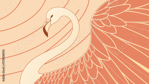Stylized flamingo with flowing feathers and curved neck, a graceful illustration with a retro art nouveau aesthetic