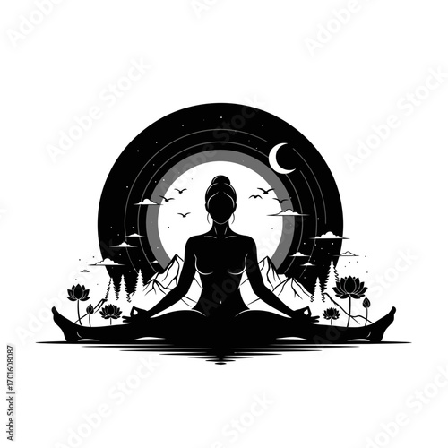 Elegant yoga silhouette meditating under moonlit sky, finding inner peace and balance in nature's embrace