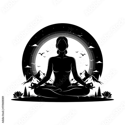 Find inner peace with this stunning yoga silhouette in a serene mountain landscape meditation setting for wellness designs