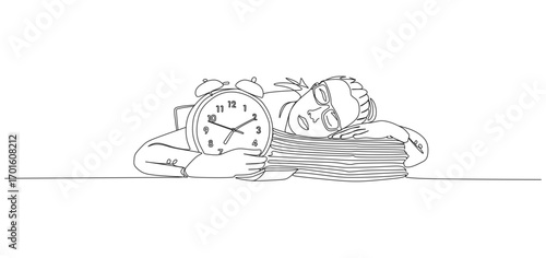 continuous line of a female office worker falling asleep from exhaustion while working on a task that has reached the deadline