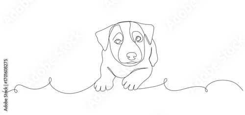 Minimalist one line drawing of a cute puppy dog, created in continuous line art style. The illustration features an adorable puppy with expressive eyes, front paws extended, and simple flowing lines