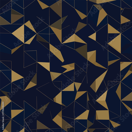 Abstract geometric pattern with golden and dark blue triangles creating an artistic background, seamless pattern, Stock royalty.