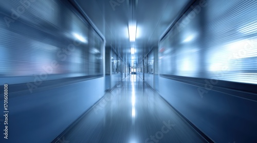 A modern, blurred corridor evokes a sense of speed and motion in a sleek architectural space.