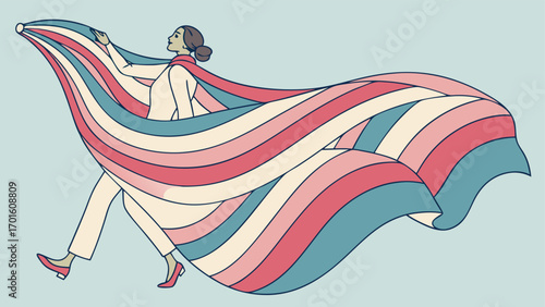 A person in a suit holding a transgender pride flag cape, representing identity, freedom, and empowerment