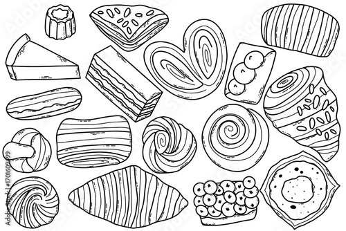 Assorted Pastry Illustrations Featuring Baked Goods in a Hand-Drawn Style. Collection of hand-drawn pastry illustrations showcasing various baked goods including croissants, cakes, and rolls. Suitable