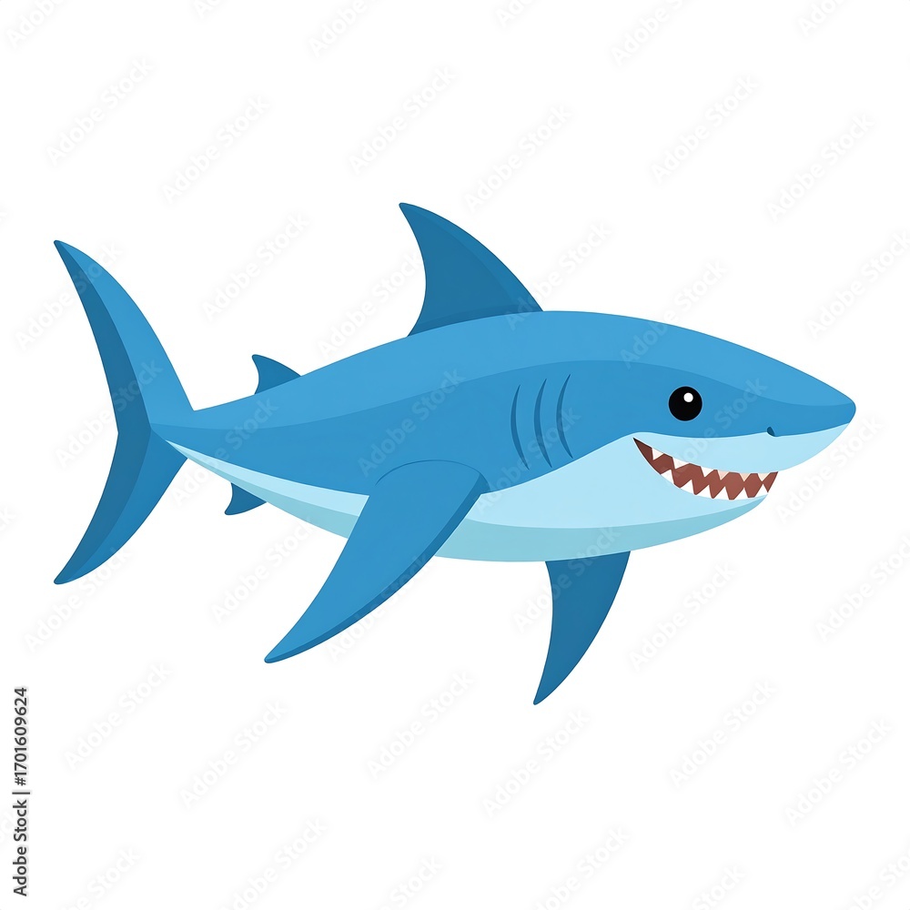 Fototapeta premium A friendly, cartoon-style shark is depicted against a plain white background.