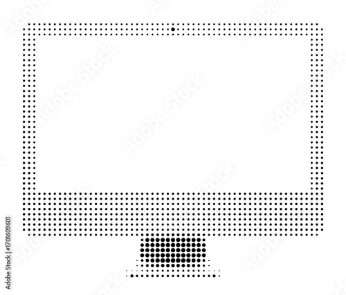 Vector halftone illustration of a computer monitor in black dots, minimal pop art style suitable for technology, digital design, web, and modern graphic concepts.