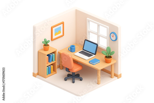 Modern 3D Home Office Workspace Isolated on a Transparent Background