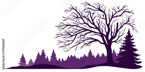 Vector illustration of a tree, Shadowy black smoke mixed with glowing purple accents on transparent layer, Spooky Halloween forest silhouette with bare tree