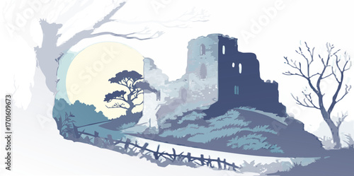 Blue-tinted fog rolling over ancient castle ruins under a full moon.