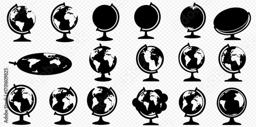 Collection of black and white globe illustrations, including standard globes and world map projections.