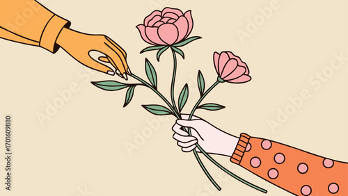 Closeup of hands passing a delicate pink flower, conveying a message of affection and thoughtful gesture in a clean design