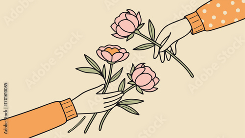 Two hands exchanging beautiful pink flowers, symbolizing friendship, love, and a thoughtful gesture