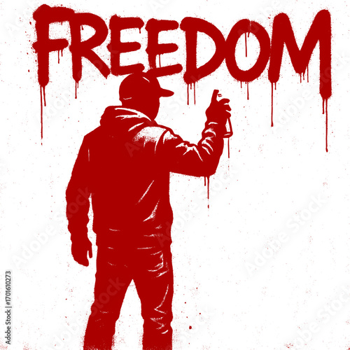 illustration of a man is painting the text FREEDOM - graffiti spray paint art style