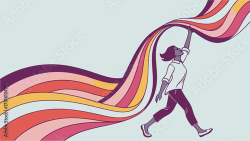 A woman reaching upwards with colorful ribbons, symbolizing achievement, aspiration, and the pursuit of dreams