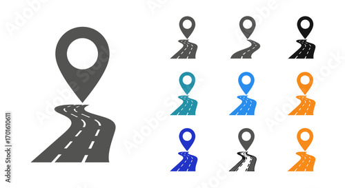 Illustration of a location pin above a winding road, representing navigation and travel.