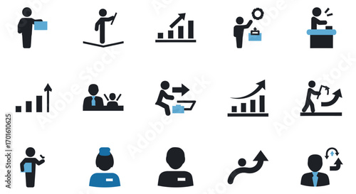 Collection of business and management themed vector icons.
