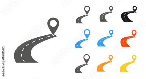 A collection of colorful road icons with a destination map pin, illustrating a route or journey.