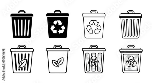 Collection of eight trash can icons, various recycling and waste symbols.