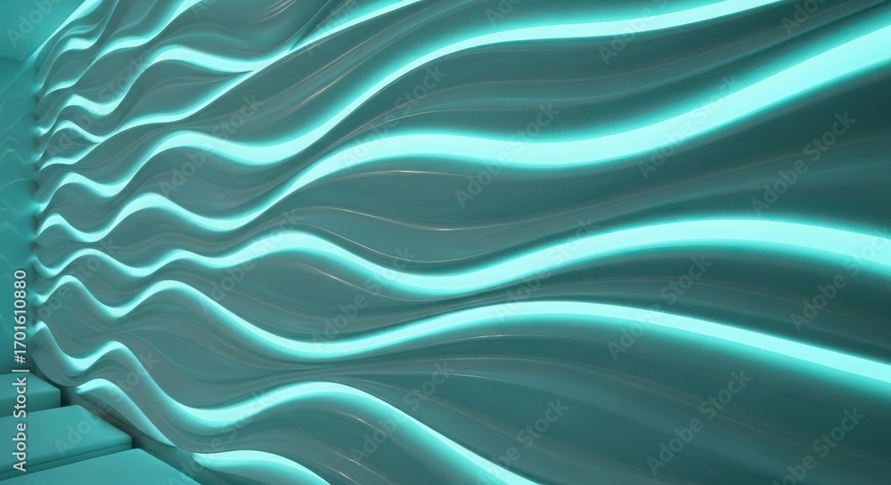 Fototapeta premium Teal wavy metallic surface with light leak effect, for website background or overlay