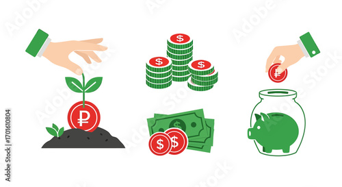 Illustration of various financial concepts, including investment, saving, and growth.