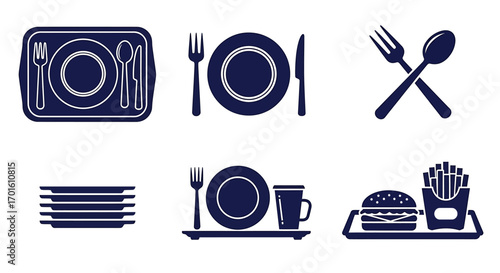 A collection of six dark blue icons representing food service, dining, and meals, including cutlery, plates, and fast food on trays.