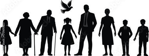 PrintSilhouette of multigenerational family with children, parents, grandparents, and dove, vector illustration symbolizing unity, peace, love, tradition, togetherness