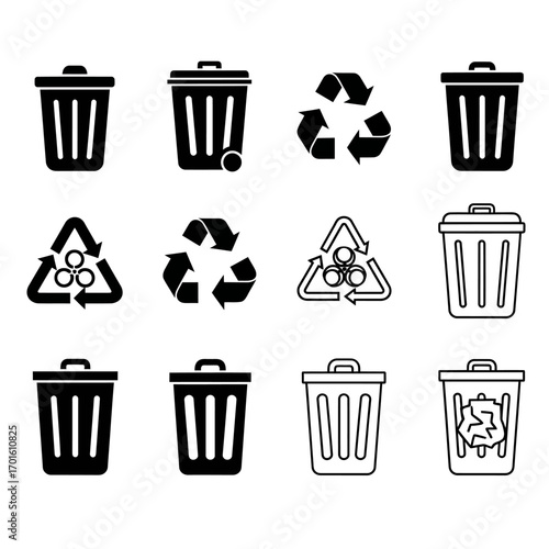 A collection of twelve black and white icons representing trash cans and recycling symbols, arranged in a grid.