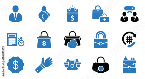 Collection of blue and black business and finance icons.