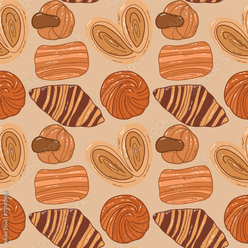 Seamless Pattern of Assorted Bakery Treats on Beige Background. A charming seamless pattern featuring various baked goods drawn in a cheerful style on a beige background, evoking a warm and welcoming 