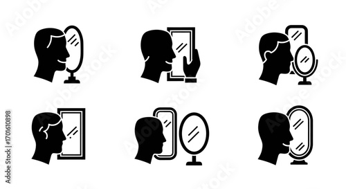 Set of black glyph icons showing a person's head in profile looking at their reflection in various mirrors.