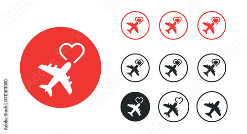 A collection of travel icons featuring an airplane with a heart, symbolizing love for flying or romantic getaways.