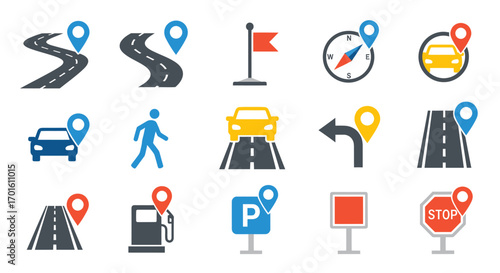 Set of colorful vector icons representing navigation, travel, and location on maps, including roads, vehicles, and points of interest.