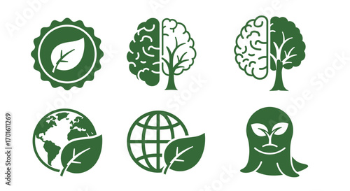 A collection of green environmental and ecological icons, including leaves, globes, brain-tree combinations, and a sprouting tree stump.