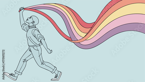 A person walking with a colorful rainbow streamer flowing behind them, symbolizing joy, freedom, and creativity in a vibrant, stylized illustration