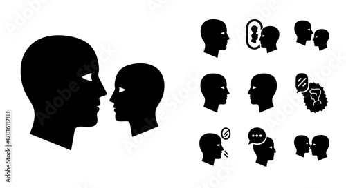 Black and white graphics showing human heads in various communication scenarios.