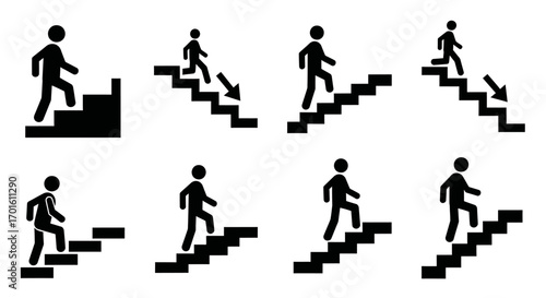 Various black and white stairway icons showing people ascending and descending stairs.